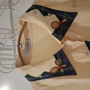 Women's Vintage Striped Embroidered Shirt with Novelty Tennis Theme (Size M)